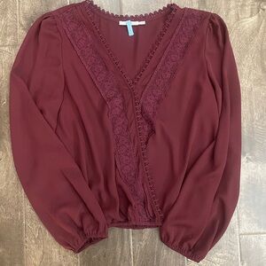 Burgundy Lace Trim Crossover Blouse
